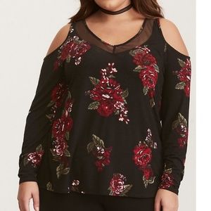 Floral Mesh Inset Cold Shoulder Top